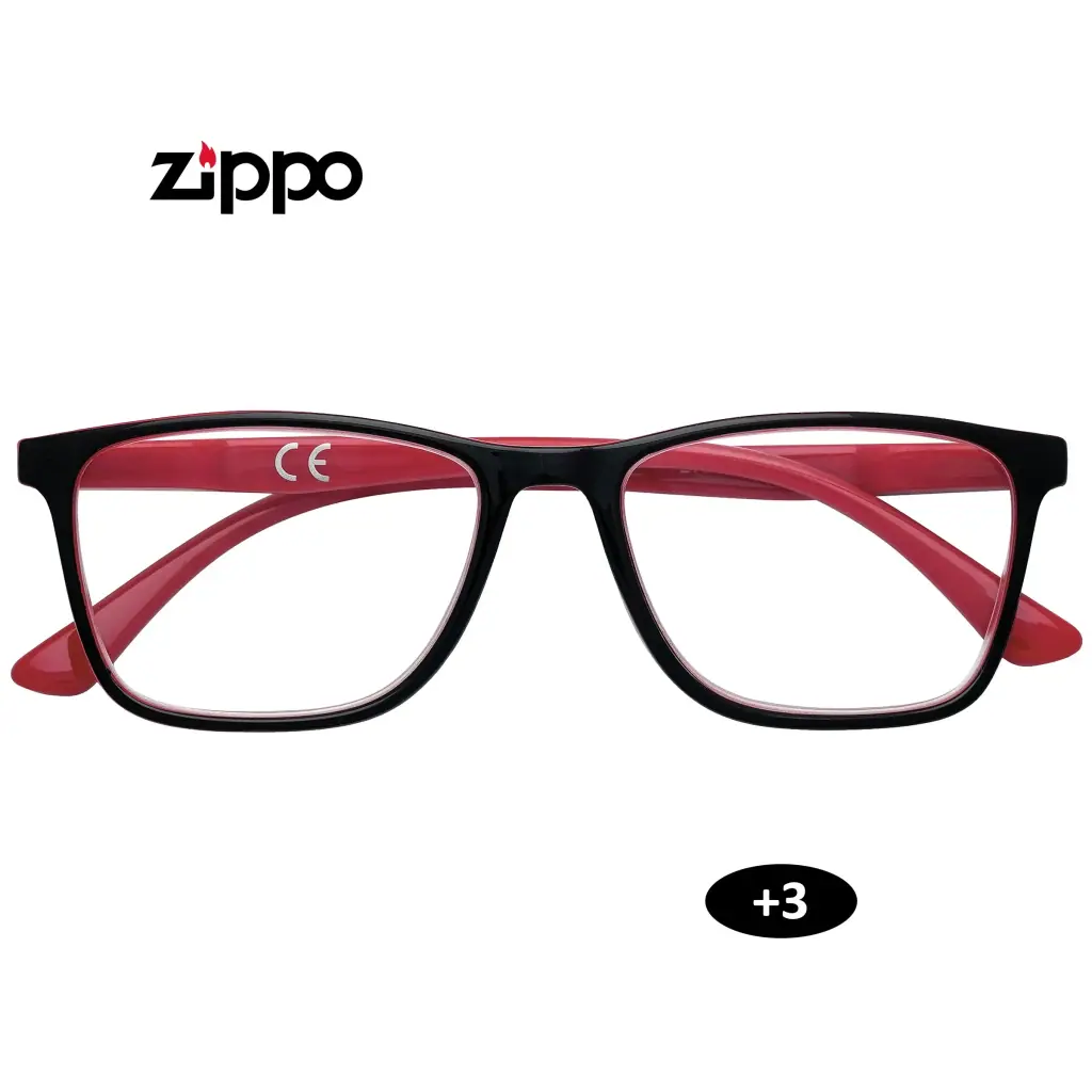 Gafas de lectura Zippo vistas de frente, con montura rectangular negra y patillas rojas; aparecen el logotipo y la graduación +3.