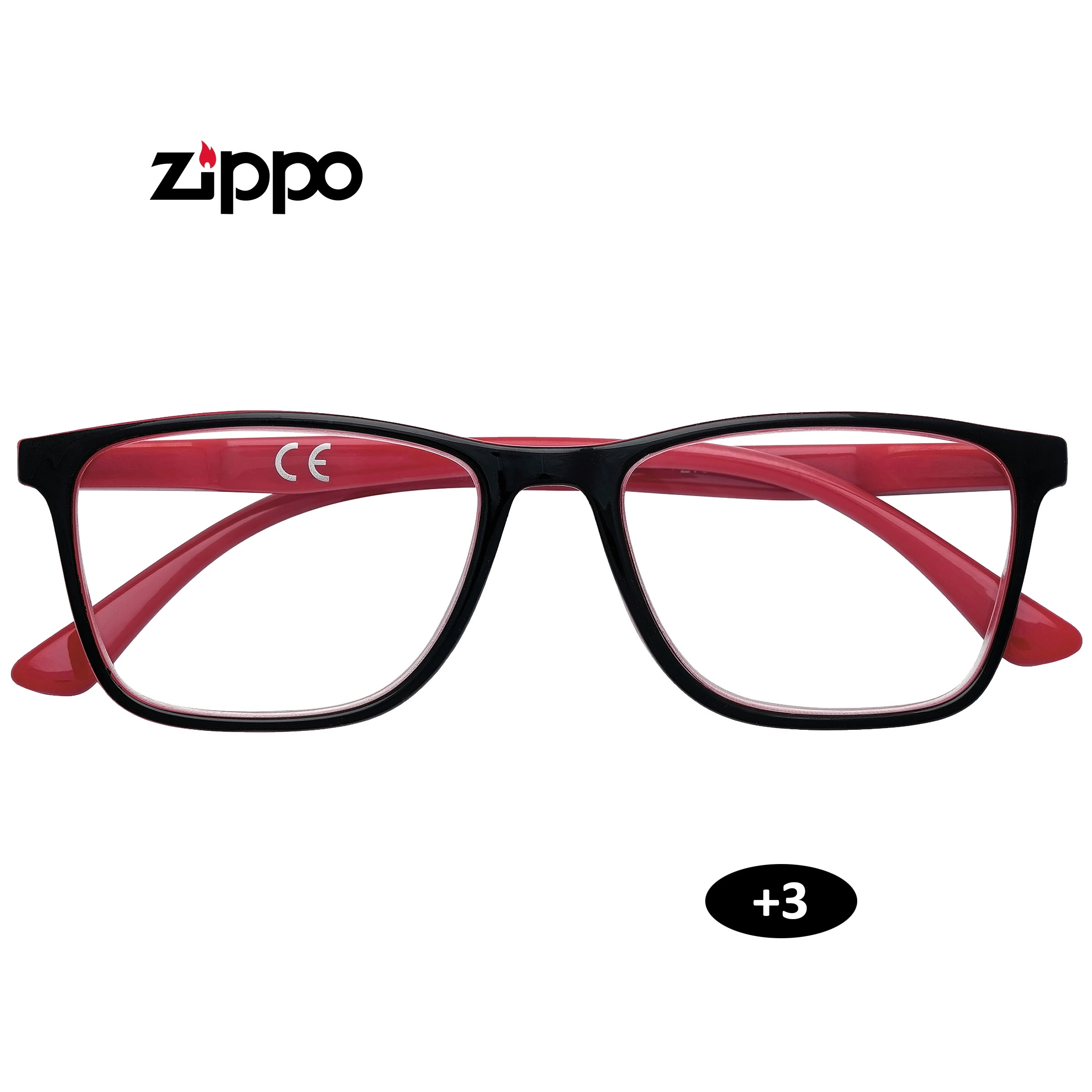 Gafas de lectura Zippo vistas de frente, con montura rectangular negra y patillas rojas; aparecen el logotipo y la graduación +3.