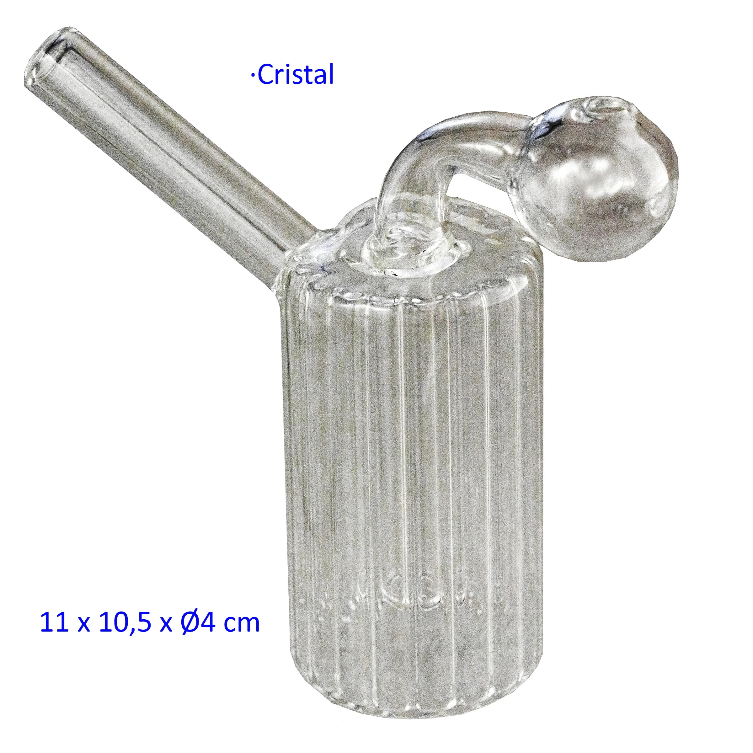 Bong de cristal transparente con cuerpo cilíndrico estriado, boquilla larga inclinada y recipiente esférico unido por un tubo curvo.