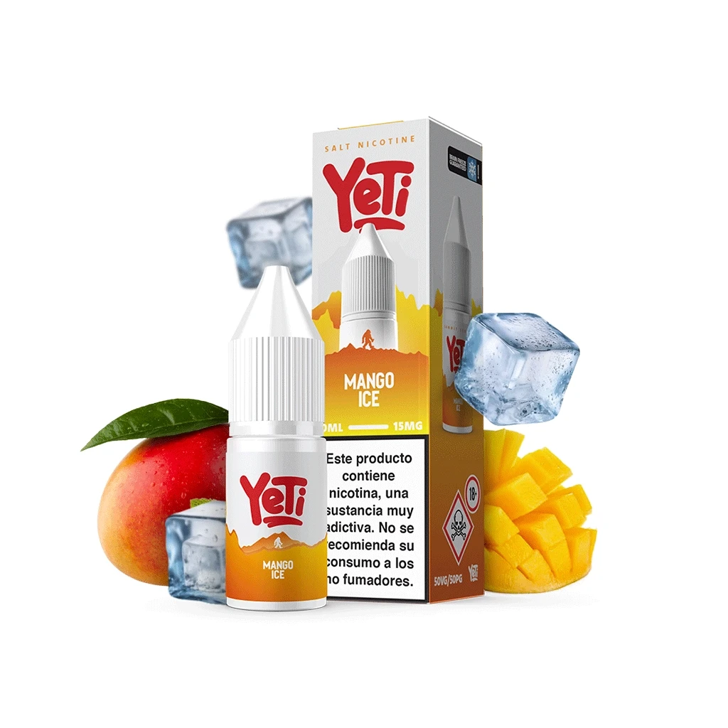 Frasco y caja Yeti Mango Ice con advertencia de nicotina, rodeados de mango entero, troceado y cubitos de hielo.