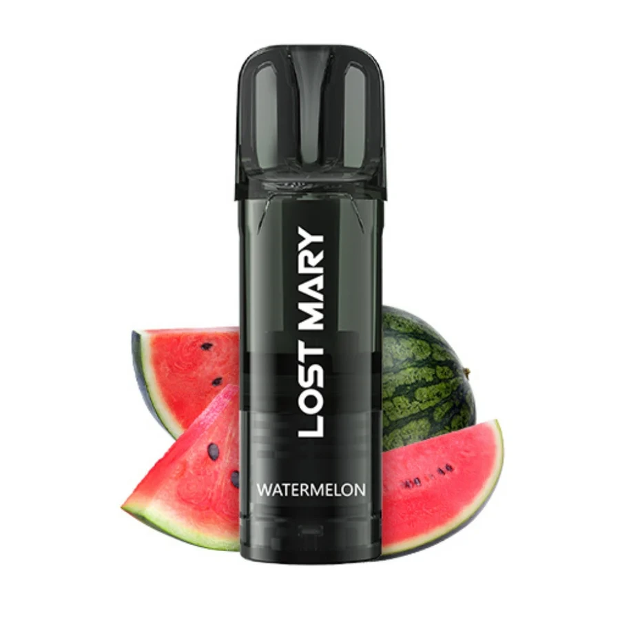 Dispositivo Lost Mary Watermelon oscuro, en posición vertical, con boquilla translúcida y sandía entera y cortada detrás.