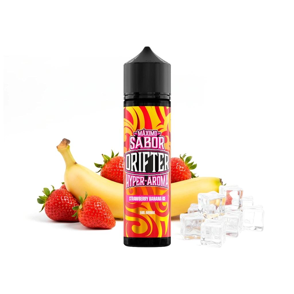 Frasco Drifter Hyper Strawberry Banana Ice con tapón negro y etiqueta roja y amarilla, rodeado de fresas, plátanos y cubitos de hielo.
