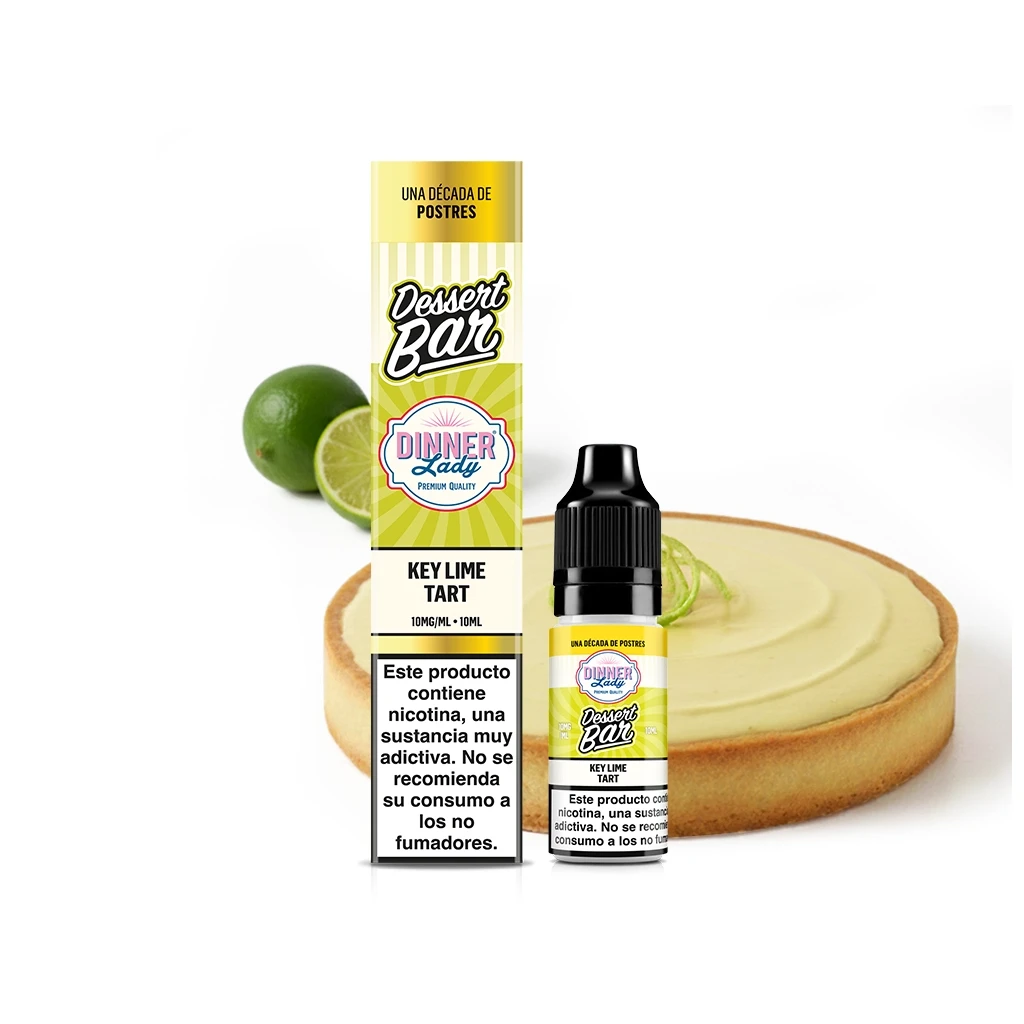 Frasco y caja de Dinner Lady Dessert Bar Key Lime Tart de 10 ml, con advertencia de nicotina, delante de una tarta y limas.