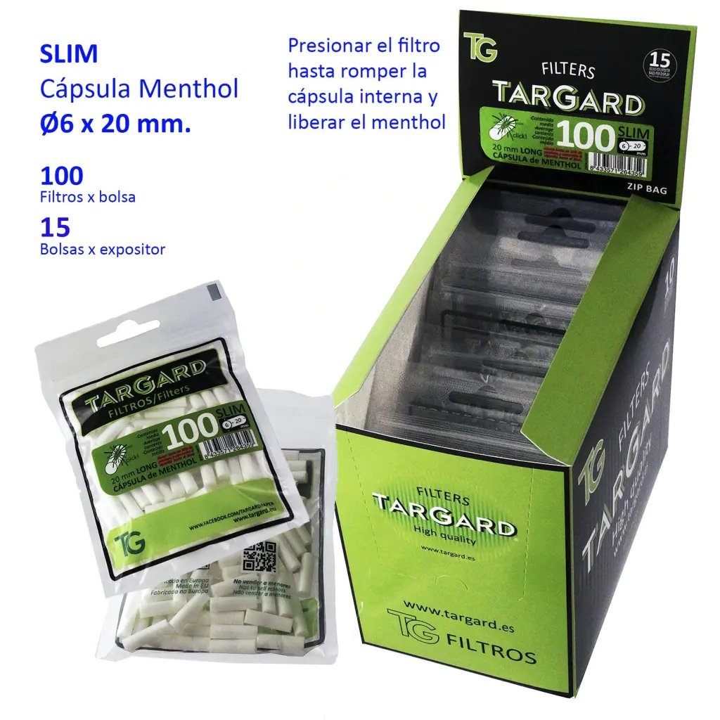 Expositor verde y negro de filtros Tar Gard Slim Cápsula Menthol con dos bolsas delante y texto sobre su contenido y uso.