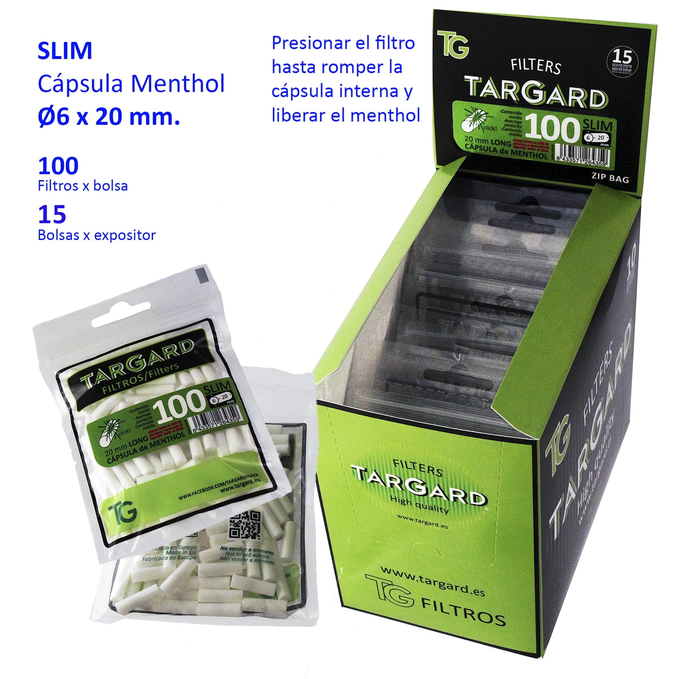 Expositor verde y negro de filtros Tar Gard Slim Cápsula Menthol con dos bolsas delante y texto sobre su contenido y uso. Expositor verde y negro de filtros Tar Gard Slim Cápsula Menthol con dos bolsas delante y texto sobre su contenido y uso.