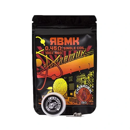 Bolsa negra Chernobyl Coils RBMK con diseño rojo y amarillo y etiqueta «0,45 Ω SINGLE COIL», junto a un bote y una resistencia.