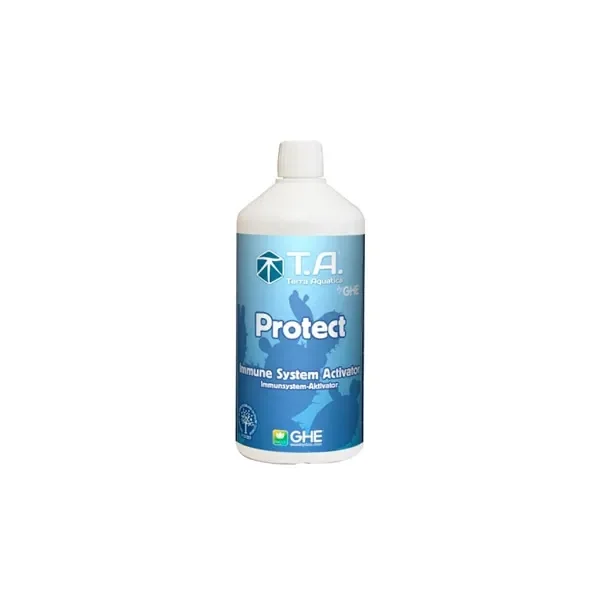 Botella blanca de Terra Aquatica Protect con tapón blanco y etiqueta azul donde se lee «Immune System Activator», sobre fondo blanco.