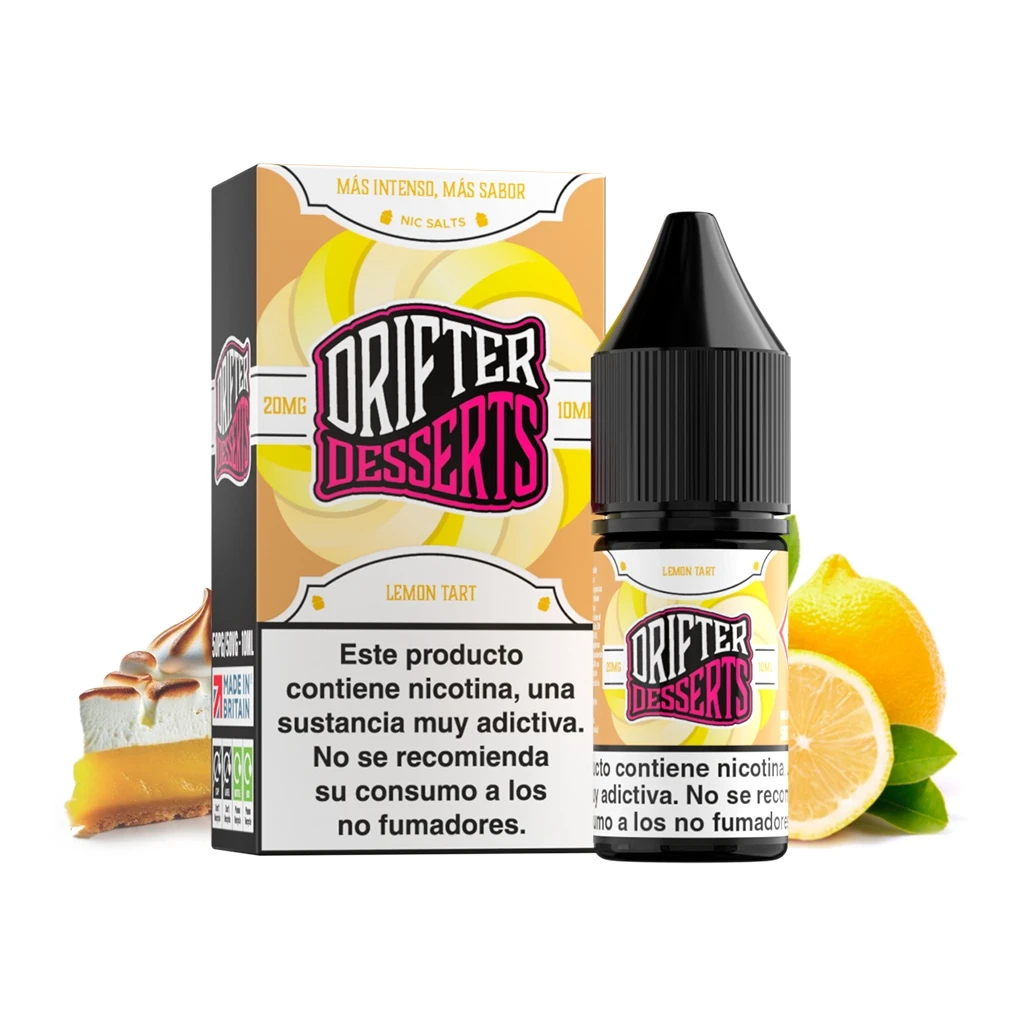 Frasco y caja Drifter Desserts Lemon Tart junto a limones y una porción de tarta, con advertencia sobre nicotina en el envase.