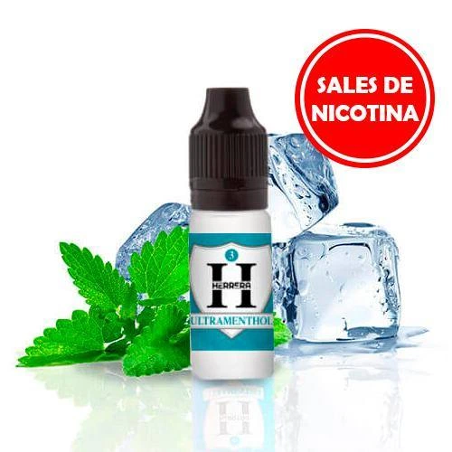 Frasco de Herrera Ultramenthol con tapón negro, junto a hojas de menta y cubitos de hielo, con el rótulo «Sales de nicotina».