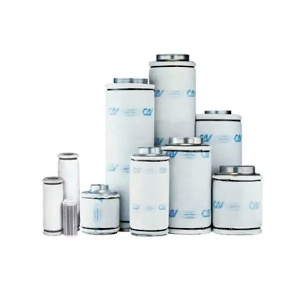 Selección de filtros cilíndricos CAN FILTER de distintas alturas y diámetros, con cuerpos blancos y bocas metálicas, sobre fondo blanco.