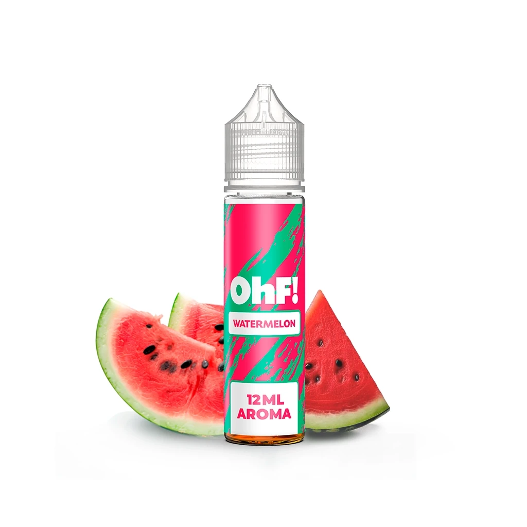 Bote OhF Watermelon con tapón transparente y etiqueta rosa y verde que indica 12 ml de aroma, delante de rodajas de sandía.