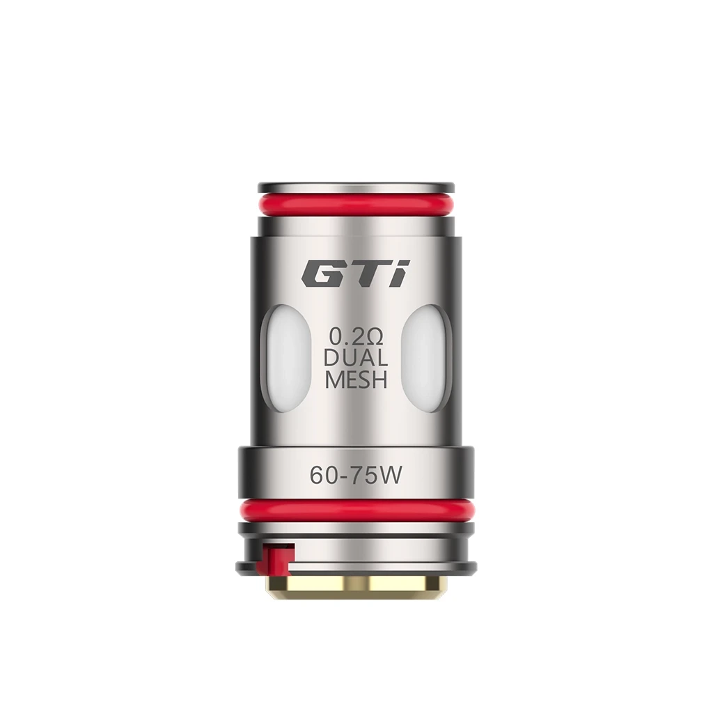 Resistencia Vaporesso GTi con ventanas ovaladas, juntas rojas y marcas de 0,2 Ω, Dual Mesh y 60–75 W, sobre fondo blanco.