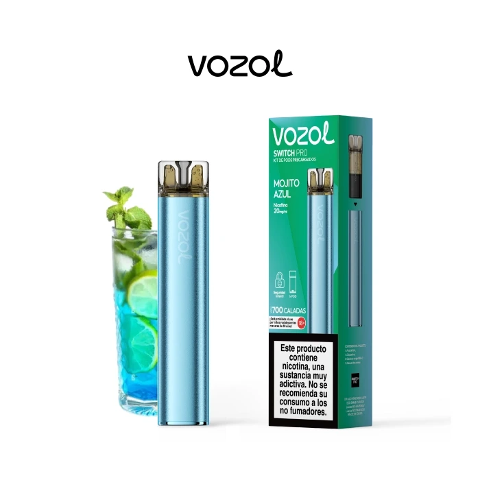 Vozol Switch Pro Mojito Azul con dispositivo azul junto a su caja verde con advertencia de nicotina y un vaso con hielo, lima y menta.