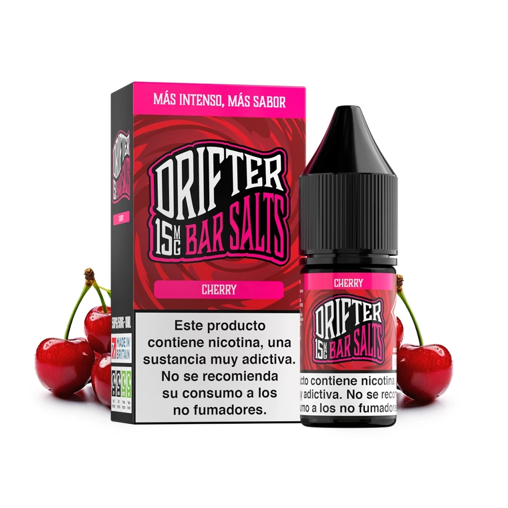 Frasco y caja de Drifter Bar Salts Cherry con diseño rojo y rosa, tapón negro, cerezas alrededor y advertencia sobre nicotina.