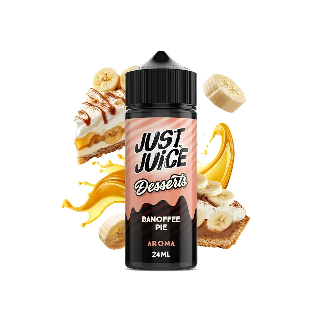 Bote Just Juice Desserts Banoffee Pie con tapón negro y etiqueta rosa, rodeado de porciones de tarta, plátano y salpicaduras doradas.