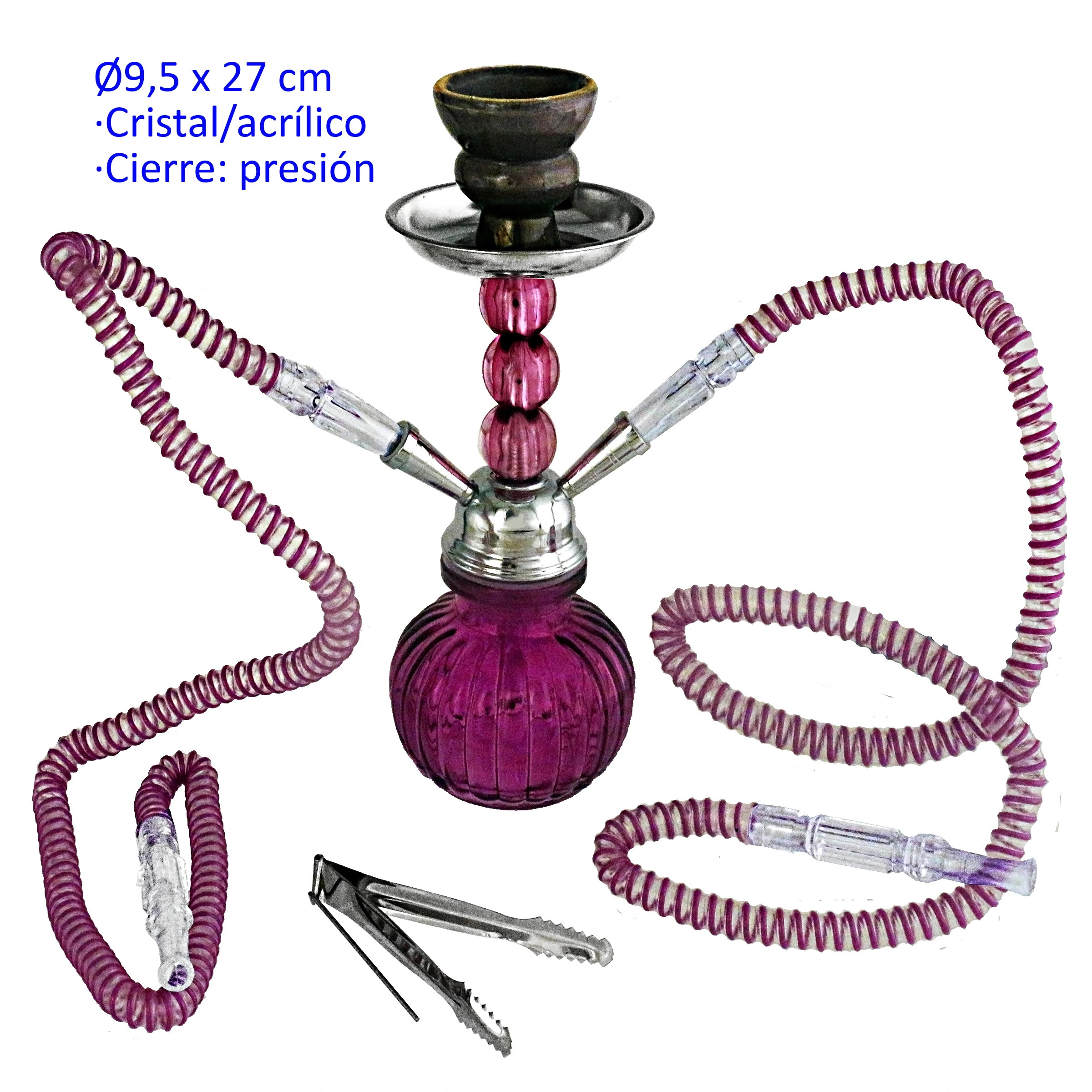 Shisha morada con base redondeada y estriada, dos mangueras a juego, bandeja metálica y pinzas sobre fondo blanco.