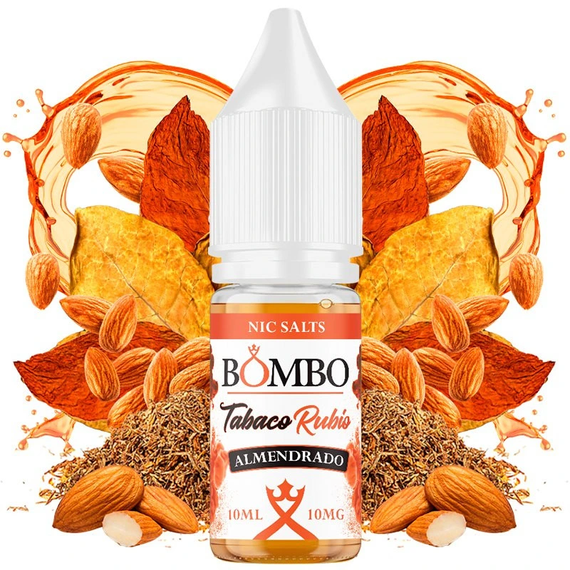 Frasco de sales de nicotina Bombo Tabaco Rubio Almendrado, con tapón blanco, rodeado de almendras, hojas y tabaco picado.