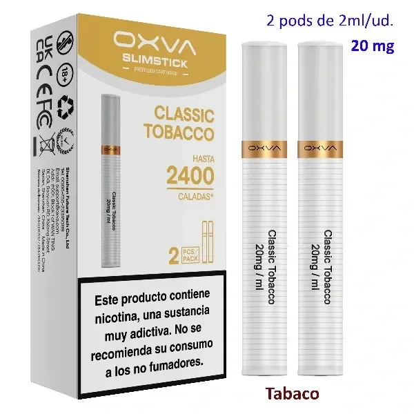 Caja de OXVA SlimStick Classic Tobacco junto a dos pods blancos con banda dorada y texto de 20 mg/ml; el envase muestra una advertencia sobre nicotina.