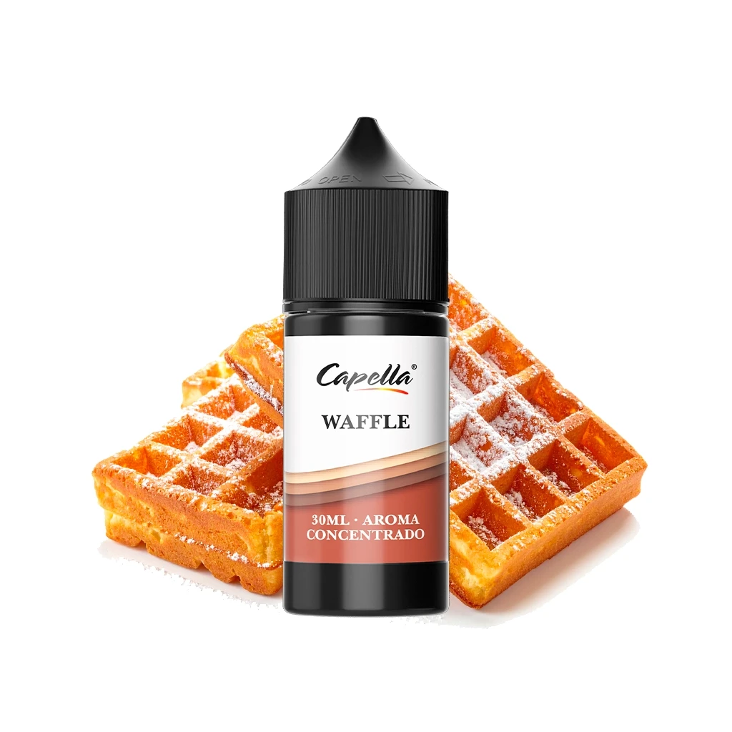 Frasco negro de aroma concentrado Capella Waffle de 30 ml, con tapón negro, delante de gofres espolvoreados con azúcar.