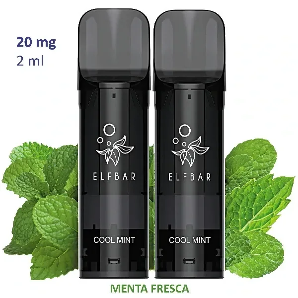 Dos pods negros Elfbar Cool Mint con boquillas oscuras, rodeados de hojas de menta y con los textos «20 mg» y «2 ml».
