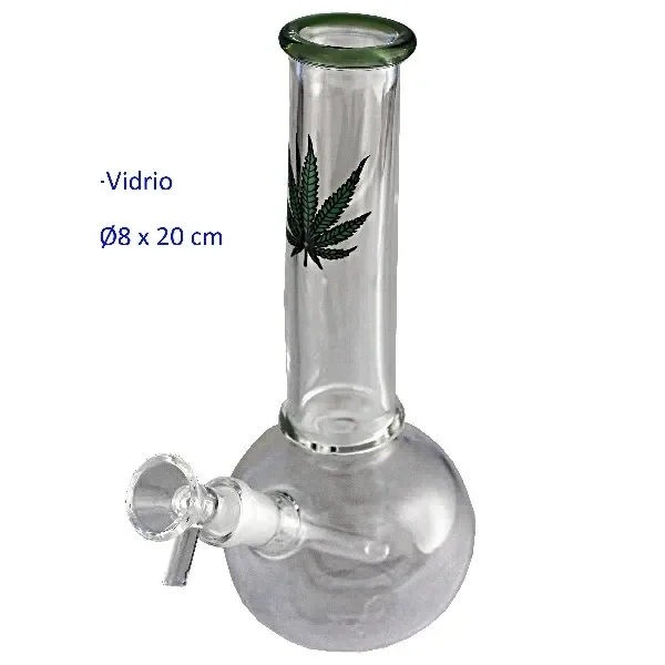Bong de cristal transparente con base esférica, tubo recto, boca verde, dibujo de hoja y cazoleta lateral inclinada.