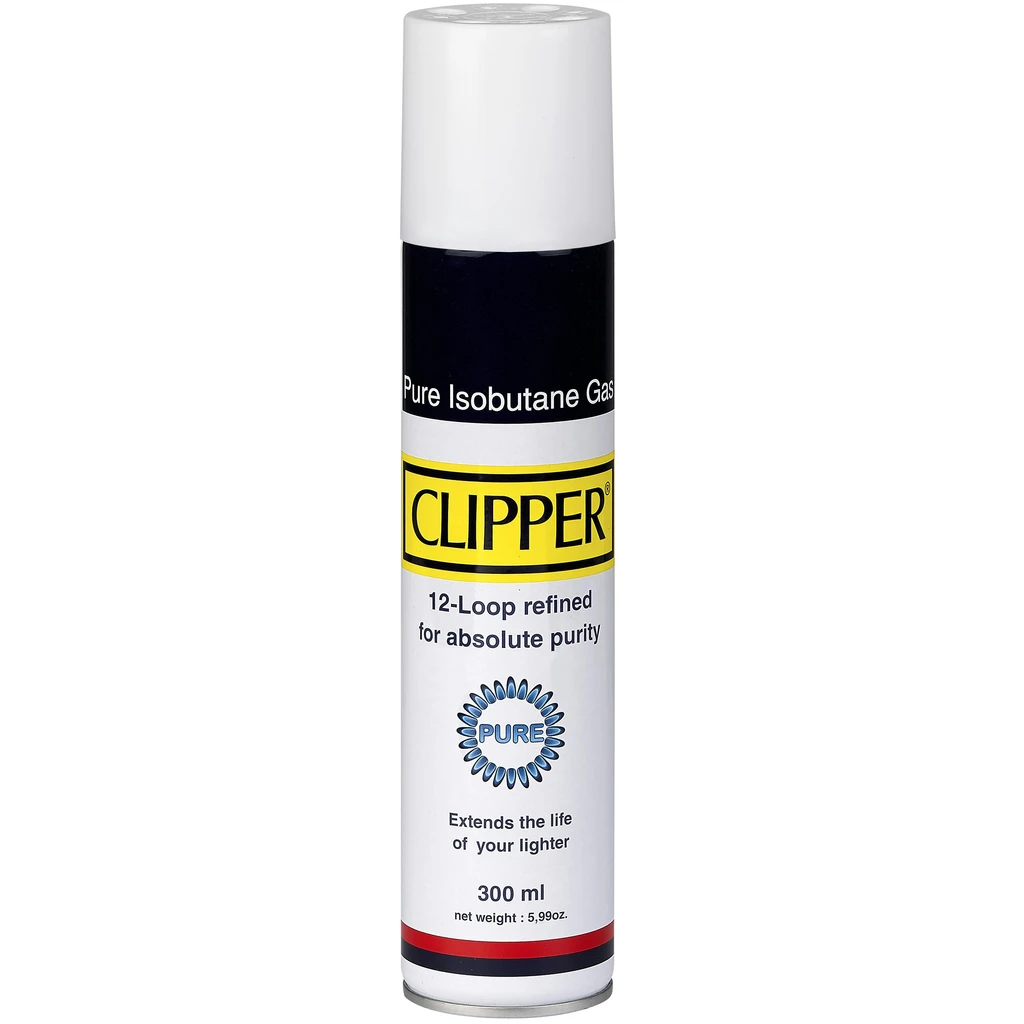 Envase cilíndrico de gas Pure Clipper de 300 ml, con tapón blanco, franja negra y logotipo sobre una etiqueta amarilla.