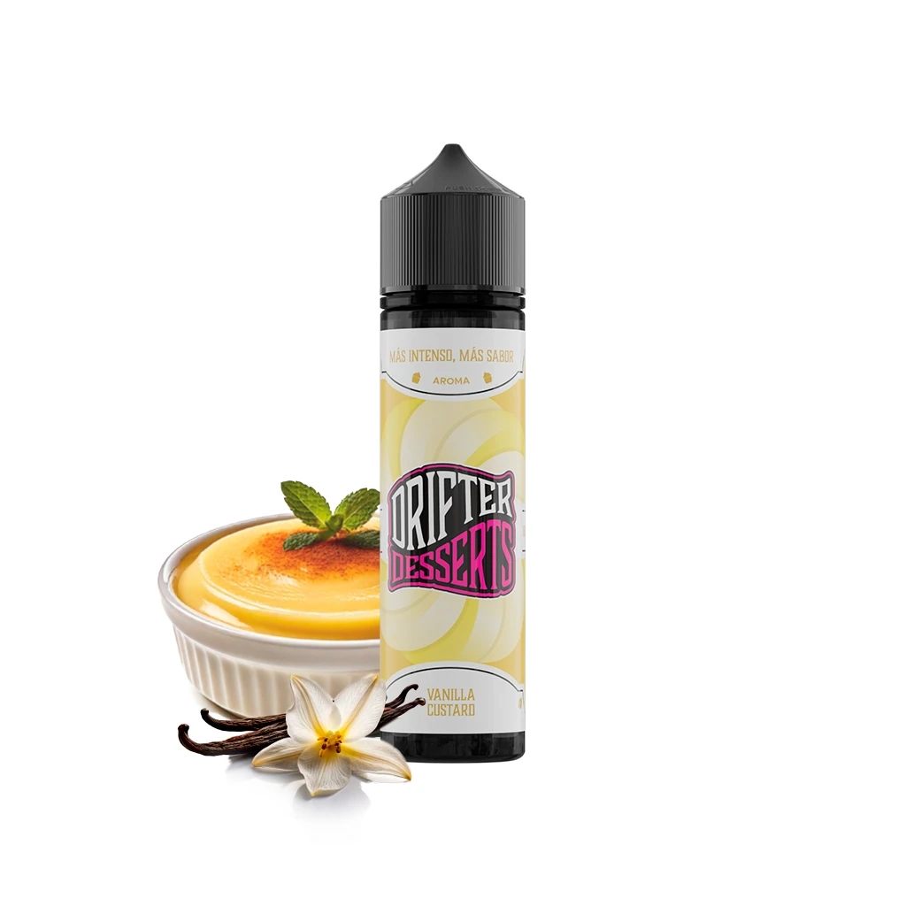 Frasco Drifter Desserts Vanilla Custard con tapón negro, junto a un cuenco de crema amarilla, vainas y una flor de vainilla.