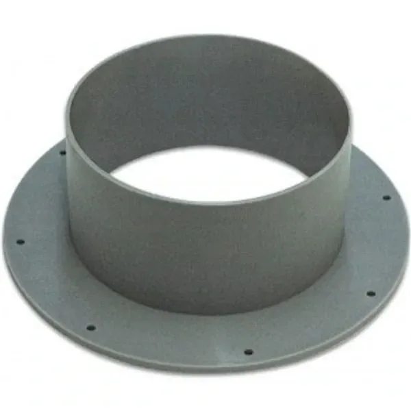 Manguito corona de plástico gris, con abertura circular y base plana con orificios de fijación, visto en perspectiva.