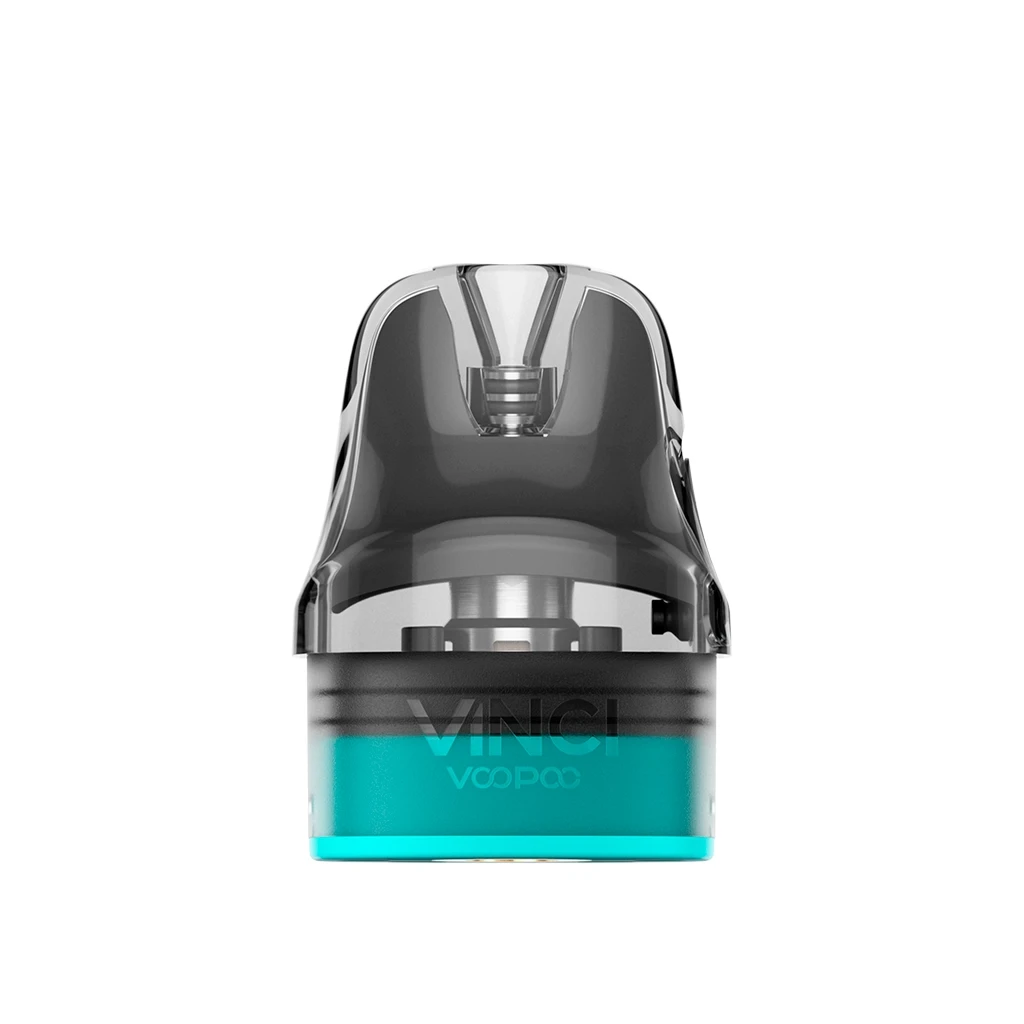 Pod de repuesto Voopoo Vinci S con boquilla translúcida oscura, interior visible y base turquesa, sobre fondo blanco. Pod de repuesto Voopoo Vinci S con boquilla translúcida oscura, interior visible y base turquesa, sobre fondo blanco.