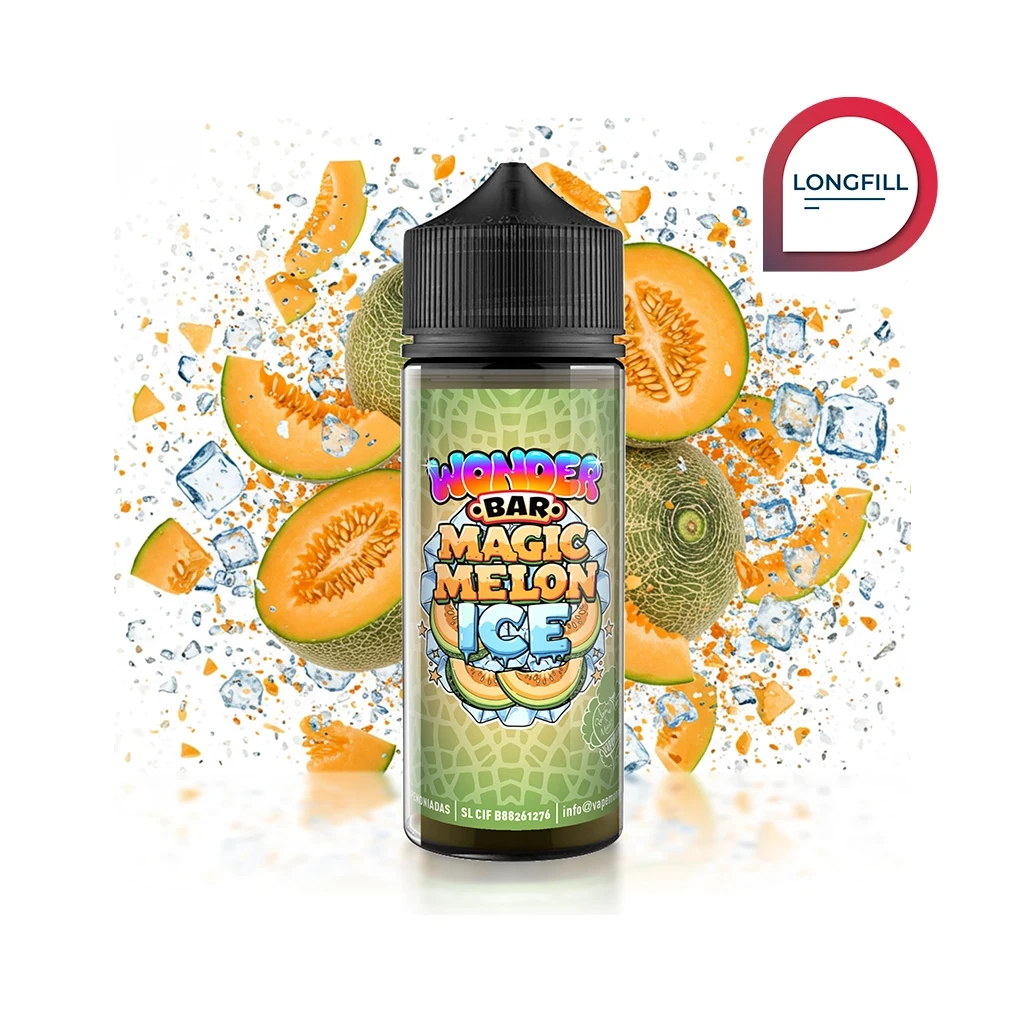 Bote Wonder Bar Magic Melon Ice con tapón negro, rodeado de melones cortados y cubitos de hielo, con distintivo Longfill.