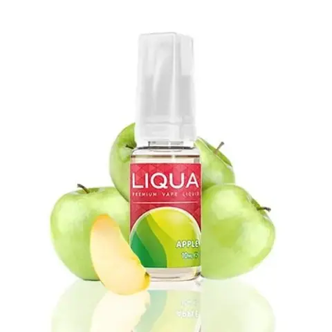 Frasco de líquido de vapeo Liqua Apple con tapón translúcido y etiqueta roja y verde, rodeado de manzanas verdes y un gajo.