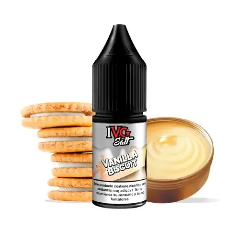 Frasco IVG Salts Vanilla Biscuit con tapón negro, junto a una pila de galletas rellenas y un cuenco de crema amarilla.