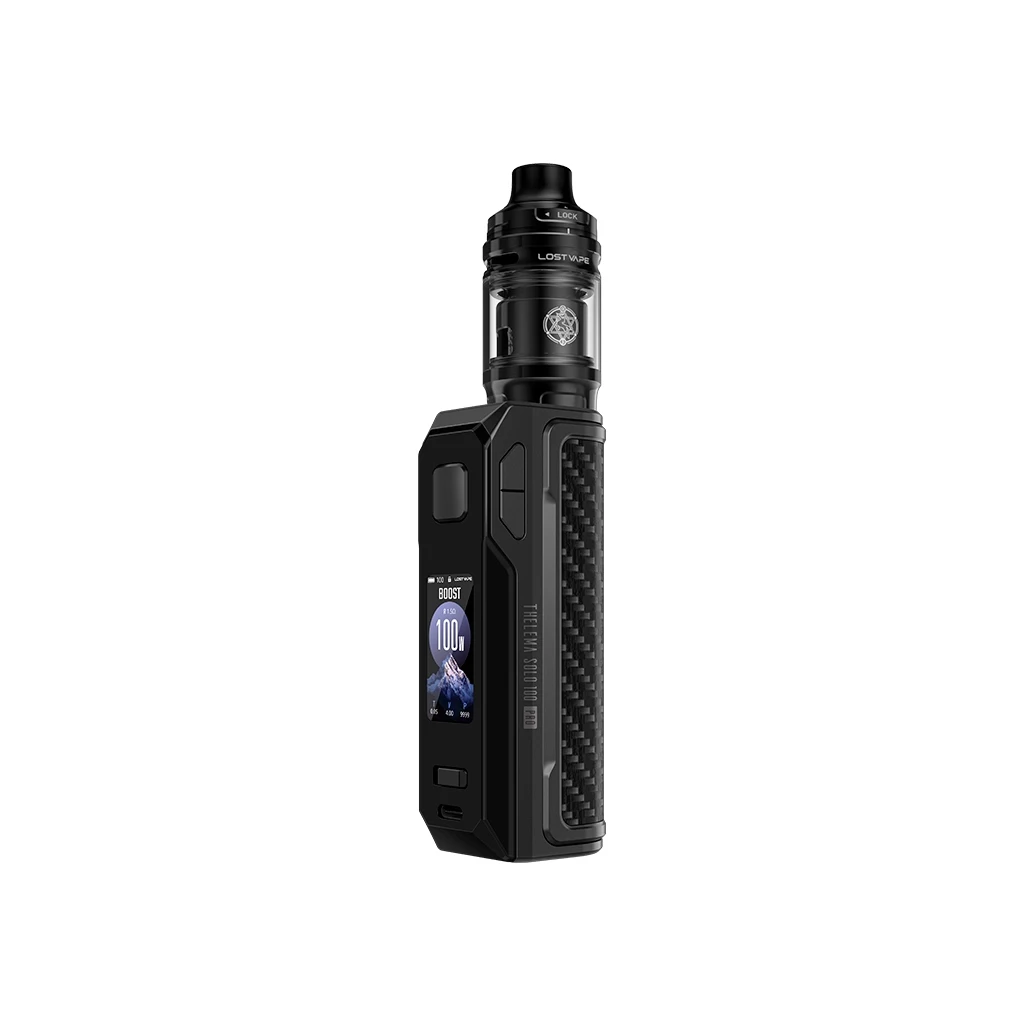 Lost Vape Thelema Solo 100 Pro Kit negro, con depósito superior, pantalla frontal y panel lateral de patrón cuadriculado, sobre fondo blanco.