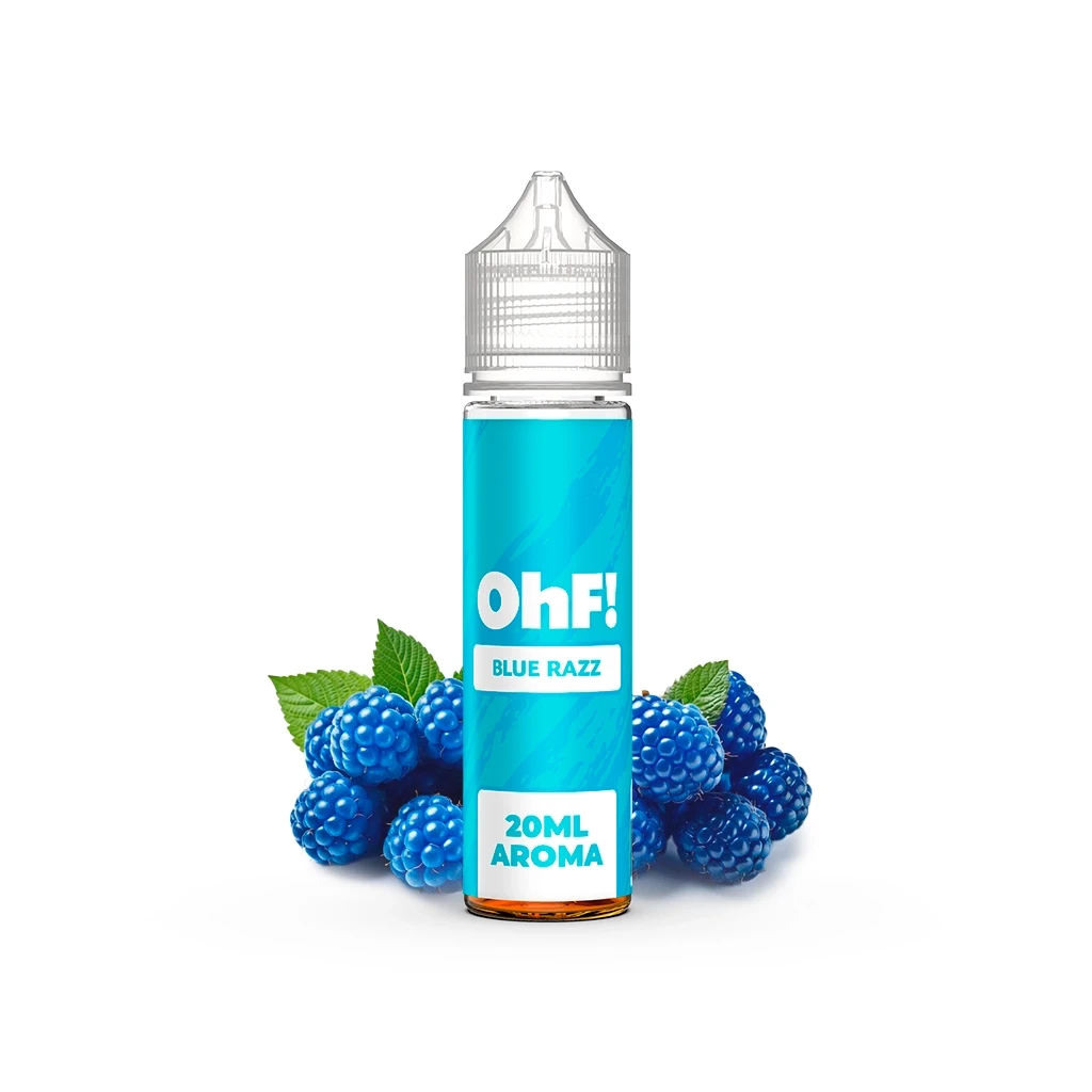 Frasco de OhF Blue Razz Longfill con etiqueta turquesa y texto «20 ml aroma», rodeado de frutos azules y hojas verdes.