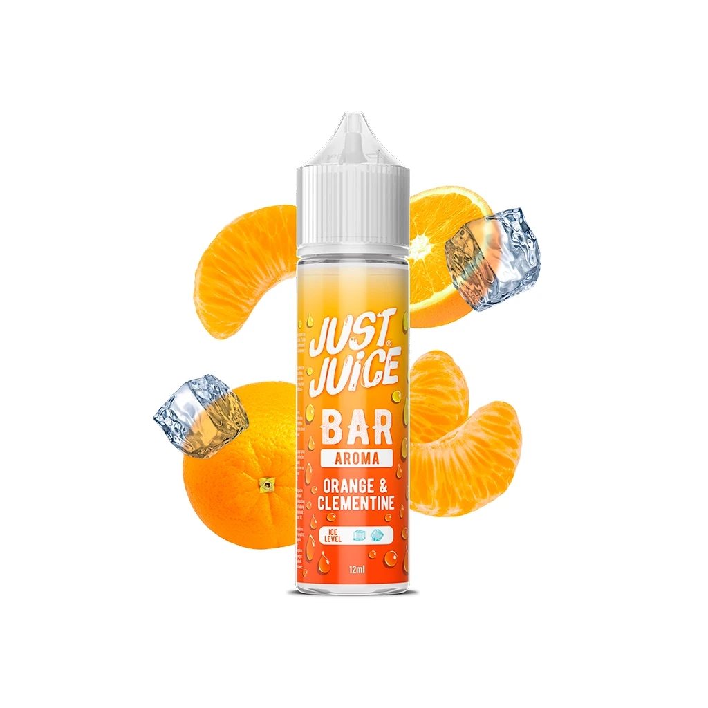 Frasco de Just Juice Bar Orange Clementine Longfill con etiqueta naranja, rodeado de cítricos enteros, gajos y cubitos de hielo.