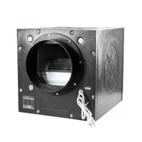 Caja extractora Airfan Foam Box vista en perspectiva, con abertura circular frontal, turbina visible y cable blanco con enchufe.