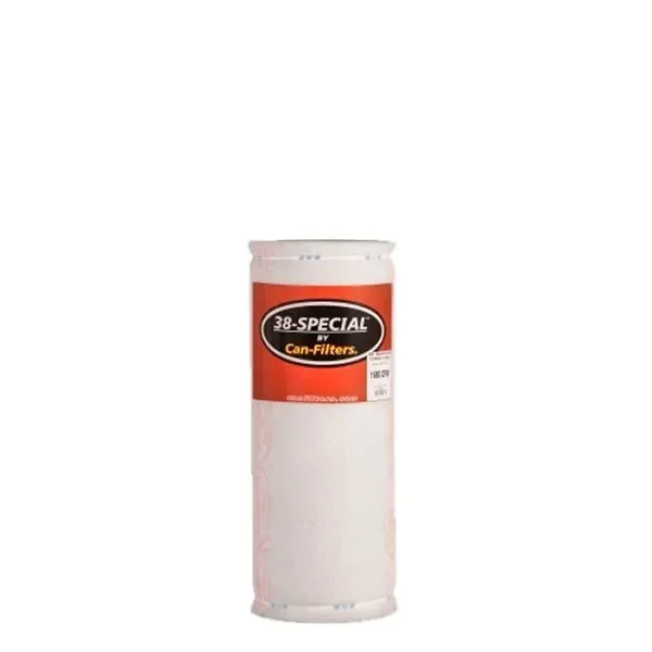 Filtro cilíndrico Can Filter 38 Special, con cuerpo blanco, aros en los extremos y etiqueta roja en la parte superior.