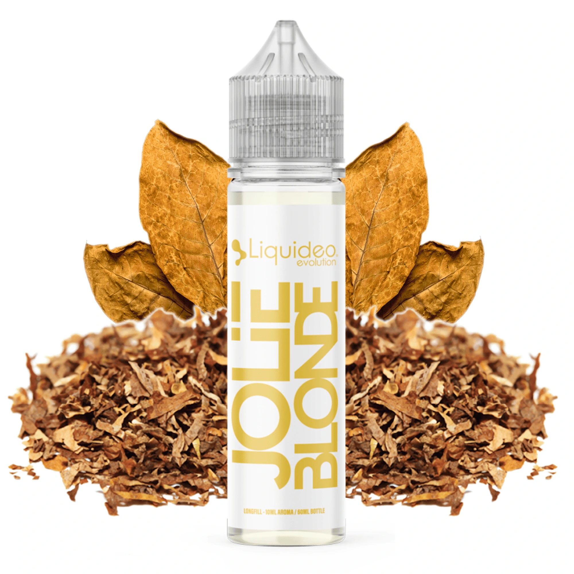 Frasco Liquideo Evolution Jolie Blonde con tapón transparente y letras amarillas, ante hojas secas y tabaco picado.