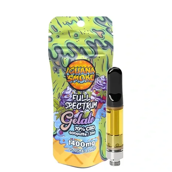 Cartucho Iguana Smoke con líquido amarillo y boquilla negra junto a su envase Gelato, rotulado Full Spectrum, 70% CBD y 2 ml.