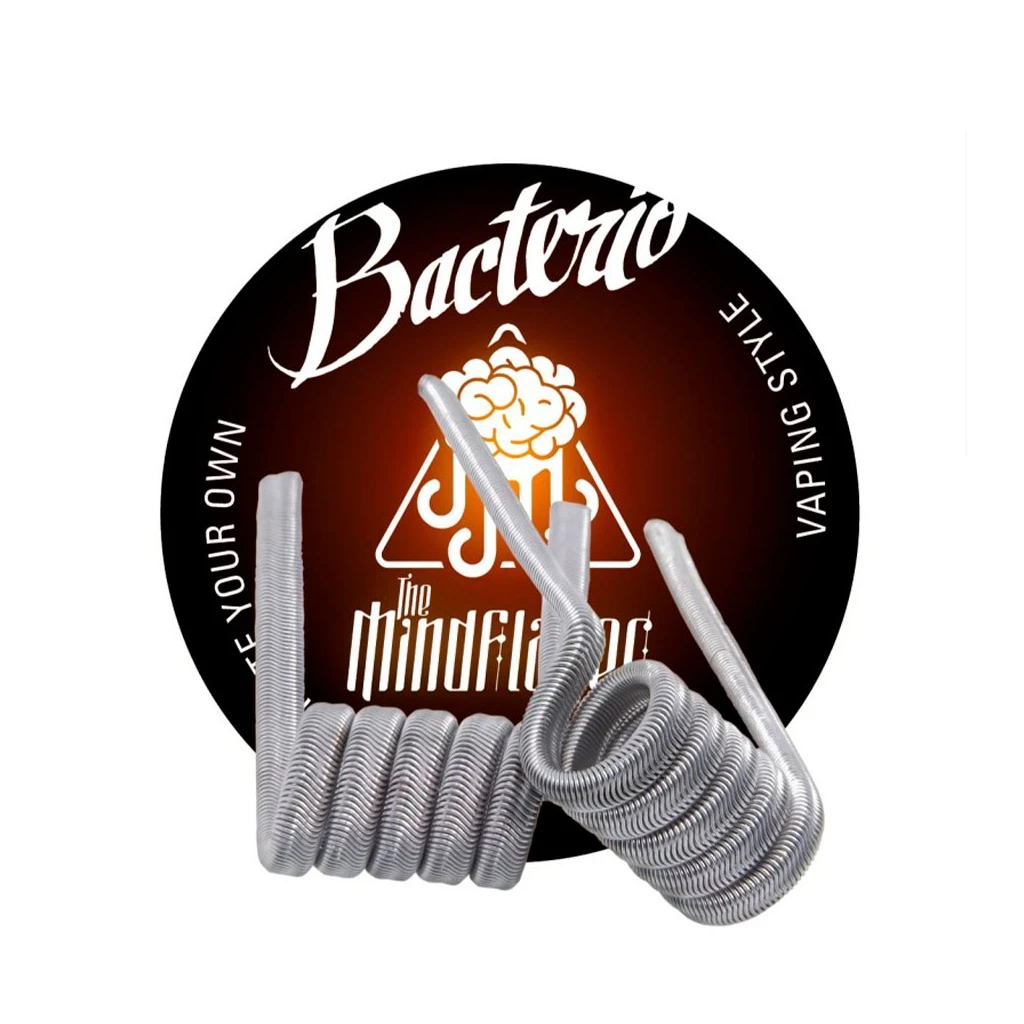 Dos resistencias Bacterio Coils TMF de alambre enrollado, con extremos rectos, delante de un logotipo circular negro y naranja.