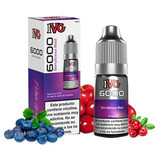Frasco y caja IVG 6000 Berrylicious Blast con etiqueta morada, advertencia de nicotina y frutos rojos y azules alrededor.