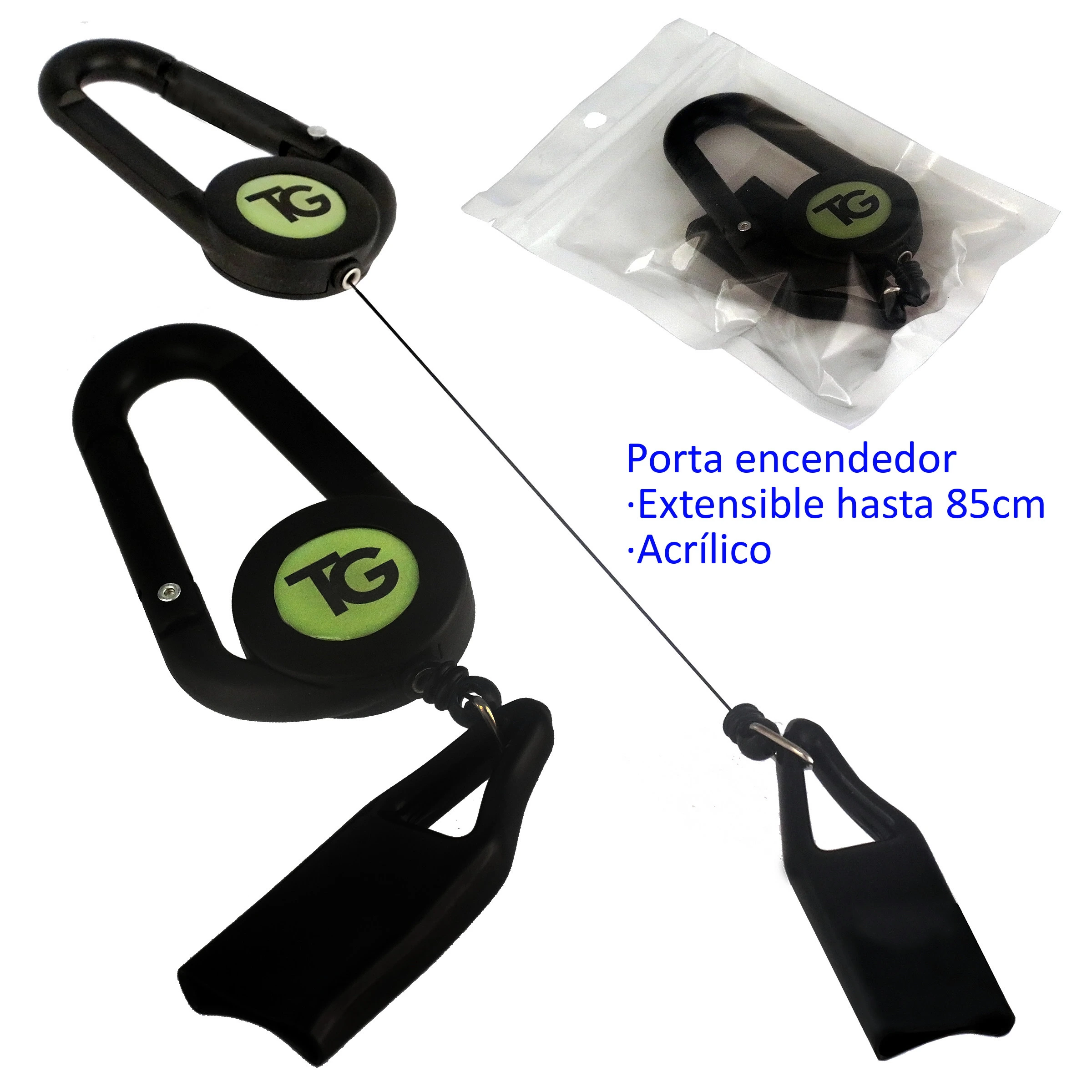 Portaencendedor TG negro con mosquetón y logotipo verde, mostrado con el cable recogido y extendido, además de una vista en bolsa.