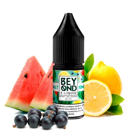 Frasco de Beyond Salts Berry Melonade Blitz con tapón negro, junto a rodajas de sandía, limón y pequeñas bayas oscuras.