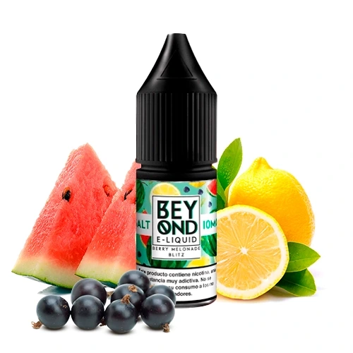 Frasco de Beyond Salts Berry Melonade Blitz con tapón negro, junto a rodajas de sandía, limón y pequeñas bayas oscuras.