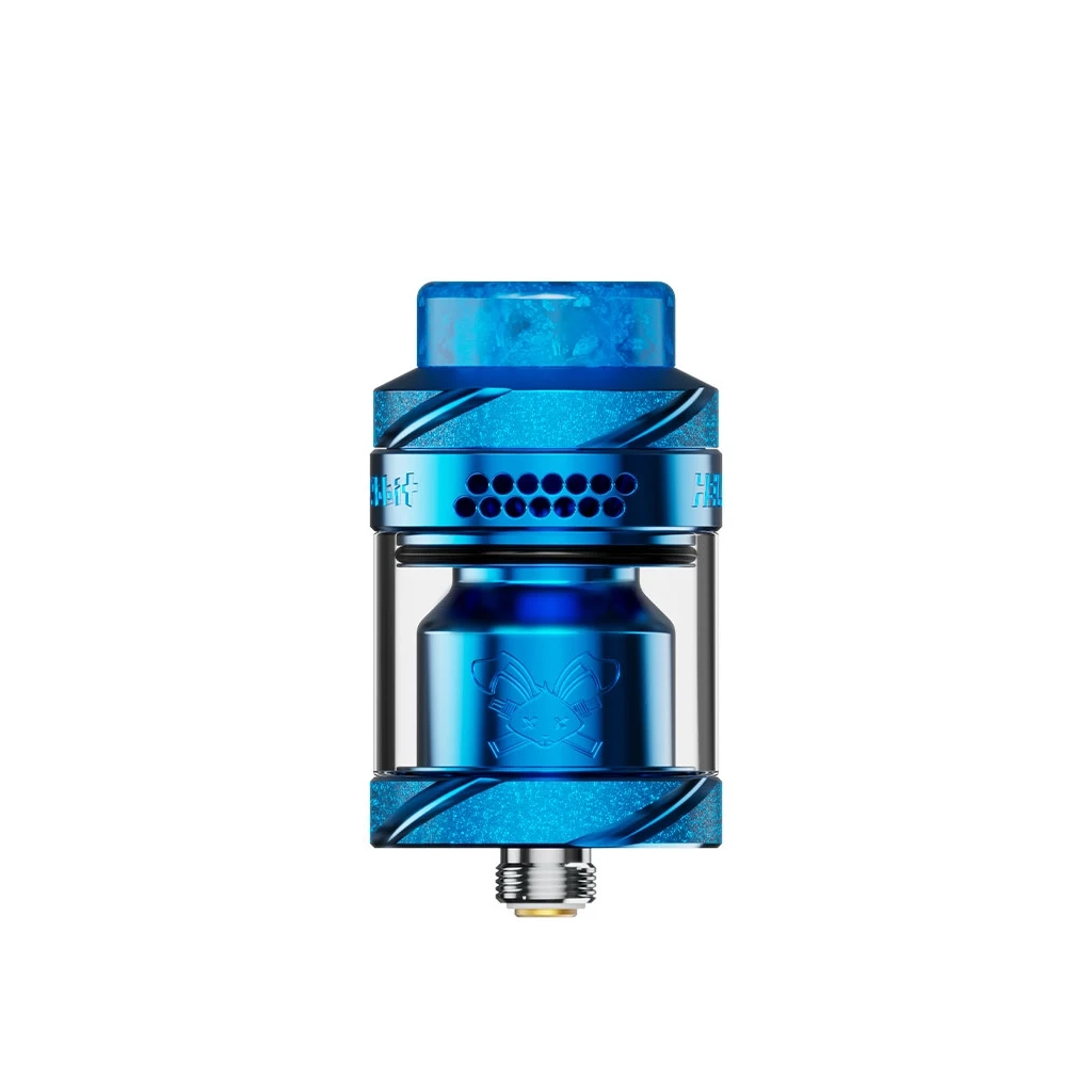 Atomizador Hellvape Dead Rabbit Solo 2 RTA azul, con depósito transparente, boquilla ancha y orificios de ventilación superiores.