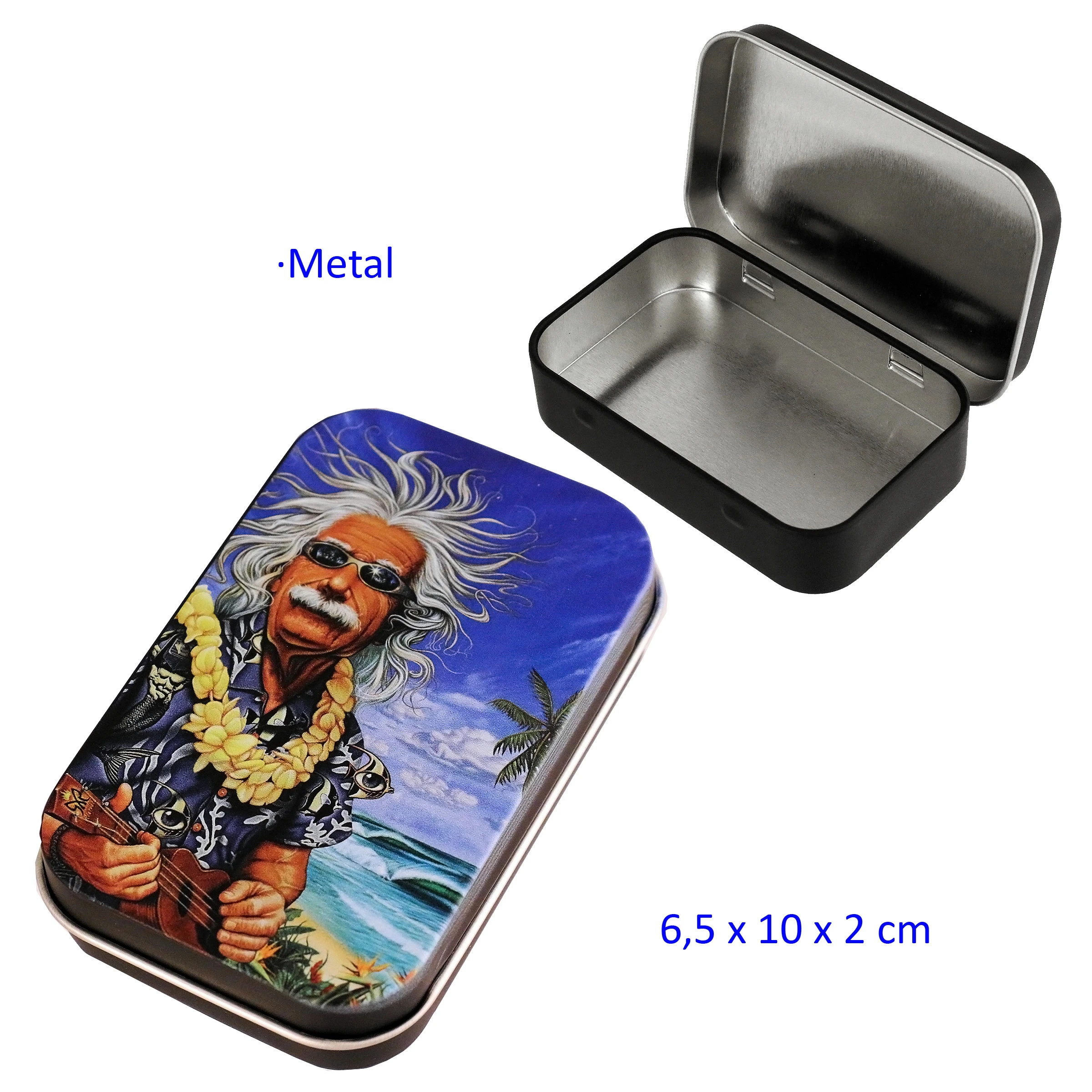 Caja metálica rectangular abierta y cerrada, con una ilustración de un hombre de pelo blanco, gafas de sol y ukelele en la tapa.