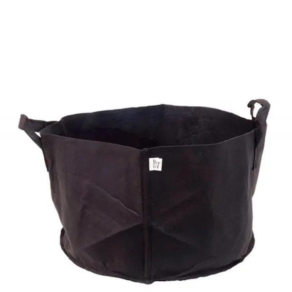 Maceta textil Pure Pot negra, de cuerpo ancho y redondeado, con dos asas laterales y una pequeña etiqueta blanca frontal.