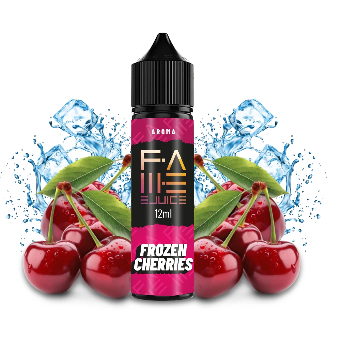Frasco de aroma Fame Ejuice Frozen Cherries de 12 ml, con etiqueta negra y rosa, rodeado de cerezas, hojas y salpicaduras con hielo.