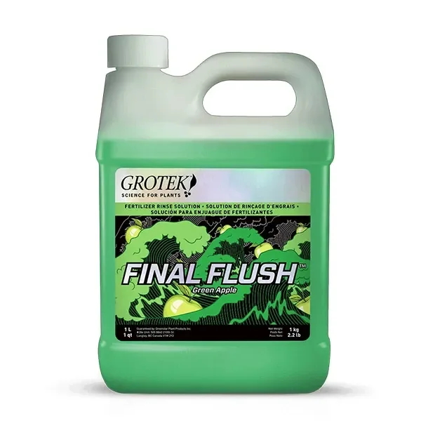 Garrafa de Final Flush Manzana Grotek con asa integrada, tapón blanco y etiqueta verde con dibujos de manzanas. Garrafa de Final Flush Manzana Grotek con asa integrada, tapón blanco y etiqueta verde con dibujos de manzanas.