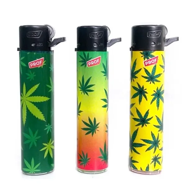 Mecheros PROF con cabezal negro y estampados de hojas de cannabis en versiones verde, degradada y amarilla.